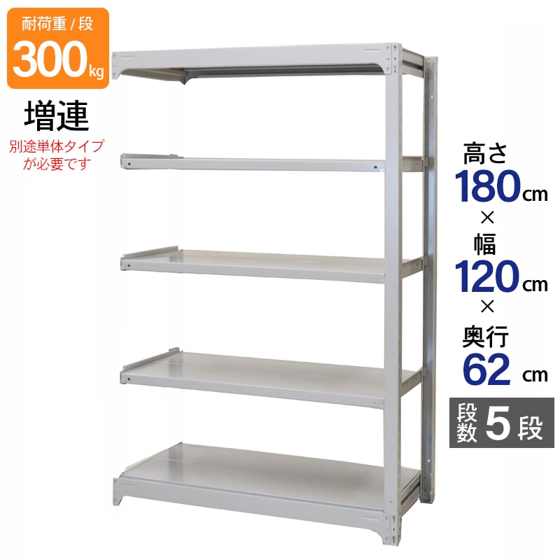 スチールラック 業務用 高さ180 幅120 奥行62cm 天地 5段 増連 中量 AMBL型 耐荷重 300kg/段 収納棚 棚 スチール棚 ラック 日本製 アサカ ホワイト グレー 大型収納 店舗 倉庫 整理棚 事務所 物品棚 バックヤード 強力 組立ラック