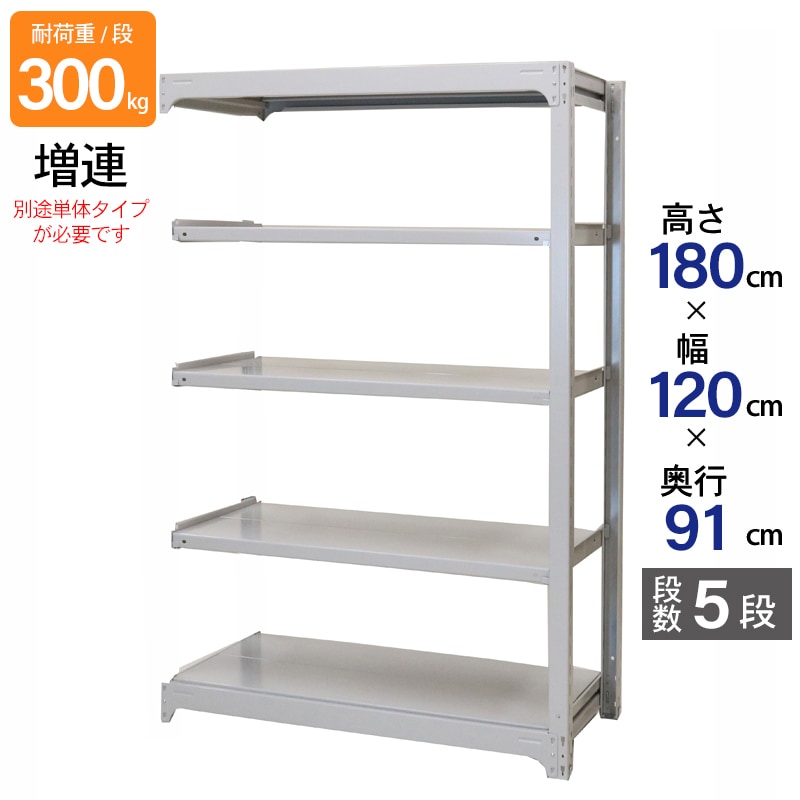 スチールラック 業務用 高さ180 幅120 奥行91cm 天地 5段 増連 中量 AMBL型 耐荷重 300kg/段 収納棚 棚 スチール棚 ラック 日本製 アサカ ホワイト グレー 大型収納 店舗 倉庫 整理棚 事務所 物品棚 バックヤード 強力 組立ラック