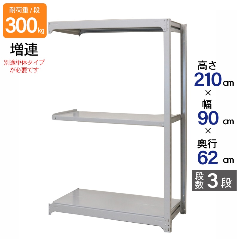 スチールラック 業務用 高さ210 幅90 奥行62cm 天地 3段 増連 中量 AMBL型 耐荷重 300kg/段 収納棚 棚 スチール棚 ラック 日本製 アサカ ホワイト グレー 大型収納 店舗 倉庫 整理棚 事務所 物品棚 バックヤード 強力 組立ラック