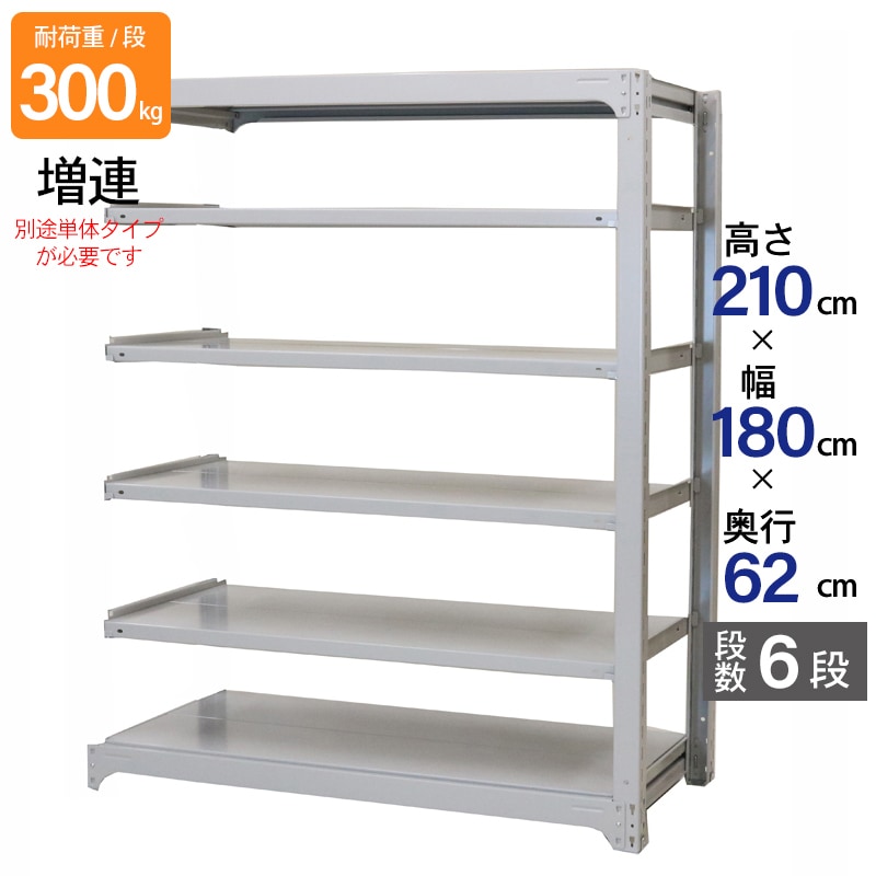 スチールラック 業務用 高さ210 幅180 奥行62cm 天地 6段 増連 中量 AMBL型 耐荷重 300kg/段 収納棚 棚 スチール棚 ラック 日本製 アサカ ホワイト グレー 大型収納 店舗 倉庫 整理棚 事務所 物品棚 バックヤード 強力 組立ラック