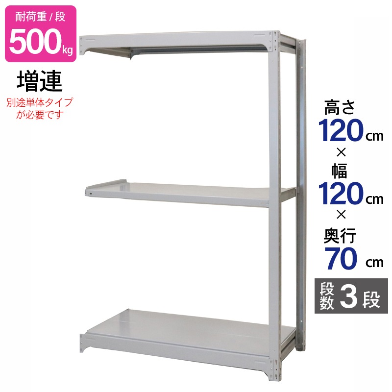 スチールラック 業務用 高さ120 幅120 奥行70cm 天地 3段 増連 中量 AMBH型 耐荷重 500kg/段 収納棚 棚 スチール棚 ラック 日本製 アサカ ホワイト グレー 大型収納 店舗 倉庫 整理棚 事務所 物品棚 バックヤード 強力 組立ラック