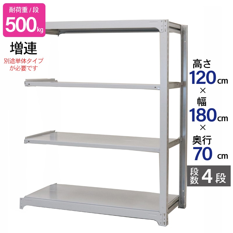 スチールラック 業務用 高さ120 幅180 奥行70cm 天地 4段 増連 中量 AMBH型 耐荷重 500kg/段 収納棚 棚 スチール棚 ラック 日本製 アサカ ホワイト グレー 大型収納 店舗 倉庫 整理棚 事務所 物品棚 バックヤード 強力 組立ラック