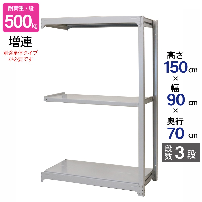 スチールラック 業務用 高さ150 幅90 奥行70cm 天地 3段 増連 中量 AMBH型 耐荷重 500kg/段 収納棚 棚 スチール棚 ラック 日本製 アサカ ホワイト グレー 大型収納 店舗 倉庫 整理棚 事務所 物品棚 バックヤード 強力 組立ラック