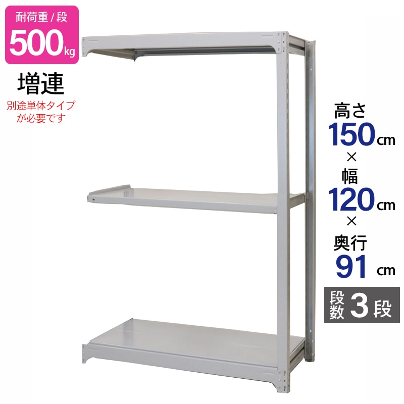 スチールラック 業務用 高さ150 幅120 奥行91cm 天地 3段 増連 中量 AMBH型 耐荷重 500kg/段 収納棚 棚 スチール棚 ラック 日本製 アサカ ホワイト グレー 大型収納 店舗 倉庫 整理棚 事務所 物品棚 バックヤード 強力 組立ラック