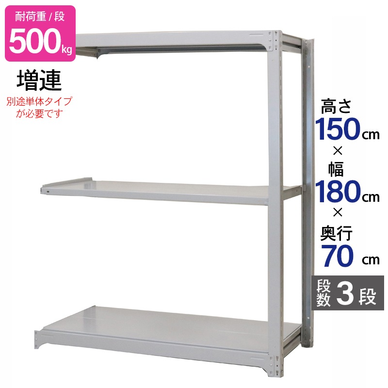 スチールラック 業務用 高さ150 幅180 奥行70cm 天地 3段 増連 中量 AMBH型 耐荷重 500kg/段 収納棚 棚 スチール棚 ラック 日本製 アサカ ホワイト グレー 大型収納 店舗 倉庫 整理棚 事務所 物品棚 バックヤード 強力 組立ラック