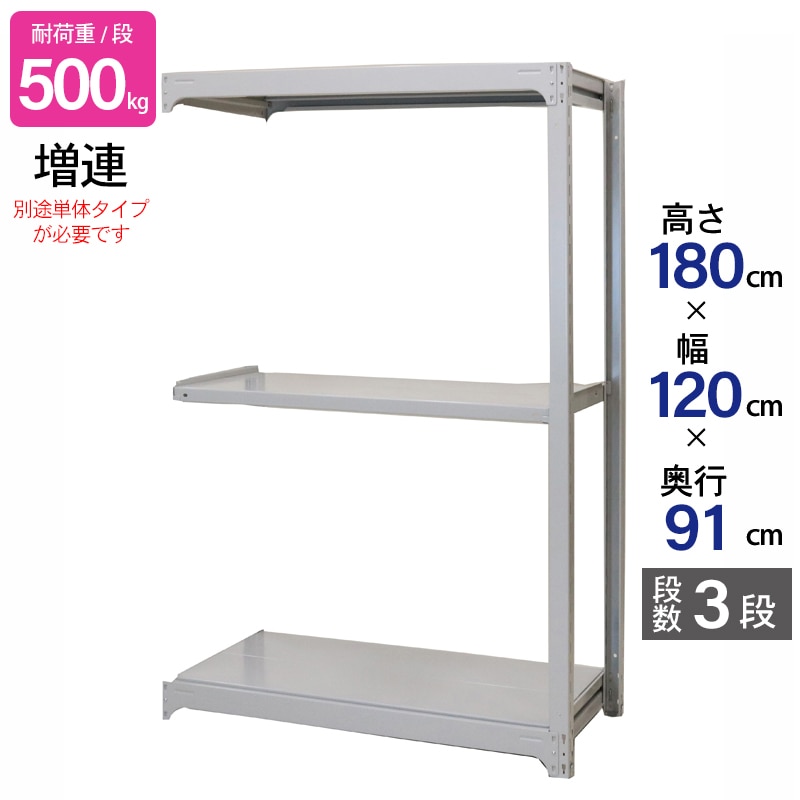 スチールラック 業務用 高さ180 幅120 奥行91cm 天地 3段 増連 中量 AMBH型 耐荷重 500kg/段 収納棚 棚 スチール棚 ラック 日本製 アサカ ホワイト グレー 大型収納 店舗 倉庫 整理棚 事務所 物品棚 バックヤード 強力 組立ラック