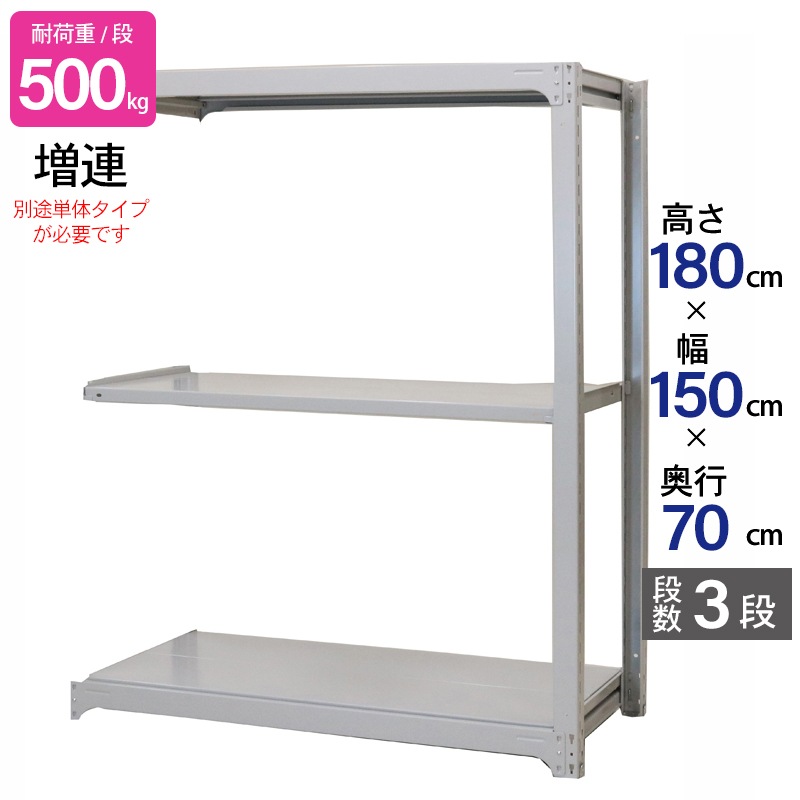 スチールラック 業務用 高さ180 幅150 奥行70cm 天地 3段 増連 中量 AMBH型 耐荷重 500kg/段 収納棚 棚 スチール棚 ラック 日本製 アサカ ホワイト グレー 大型収納 店舗 倉庫 整理棚 事務所 物品棚 バックヤード 強力 組立ラック