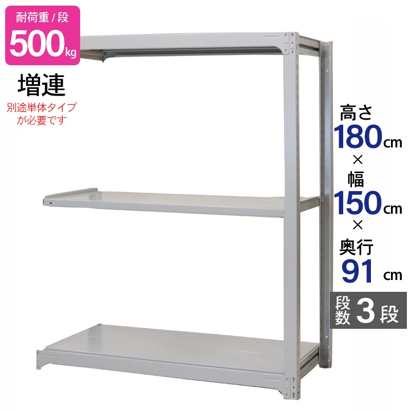 スチールラック 業務用 高さ180 幅150 奥行91cm 天地 3段 増連 中量 AMBH型 耐荷重 500kg/段 収納棚 棚 スチール棚 ラック 日本製 アサカ ホワイト グレー 大型収納 店舗 倉庫 整理棚 事務所 物品棚 バックヤード 強力 組立ラック