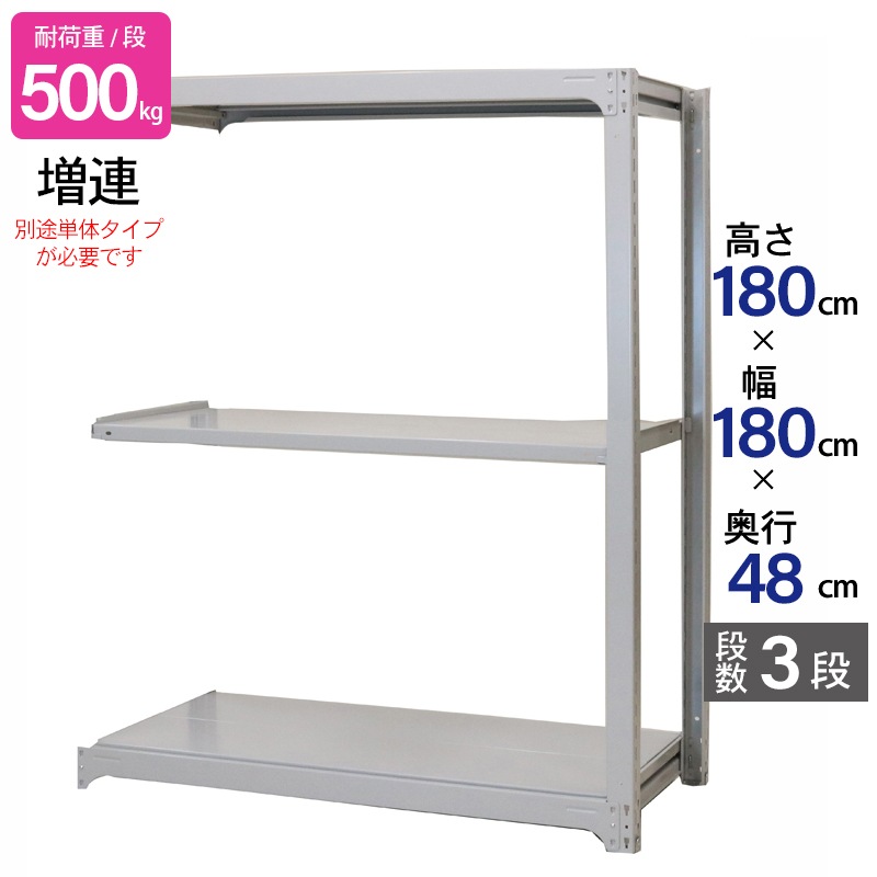 スチールラック 業務用 高さ180 幅180 奥行48cm 天地 3段 増連 中量 AMBH型 耐荷重 500kg/段 収納棚 棚 スチール棚 ラック 日本製 アサカ ホワイト グレー 大型収納 店舗 倉庫 整理棚 事務所 物品棚 バックヤード 強力 組立ラック