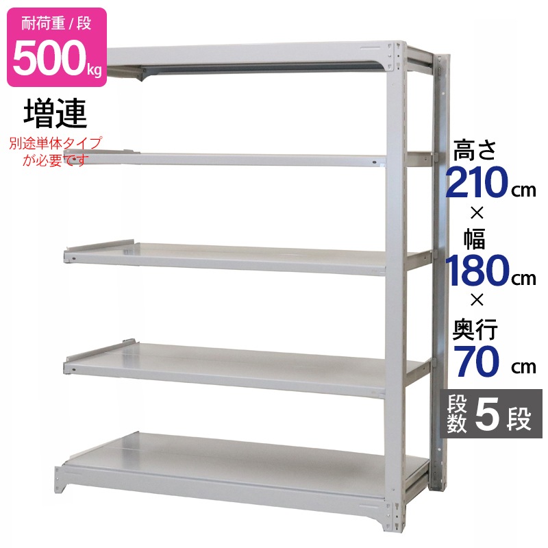 スチールラック 業務用 高さ210 幅180 奥行70cm 天地 5段 増連 中量 AMBH型 耐荷重 500kg/段 収納棚 棚 スチール棚 ラック 日本製 アサカ ホワイト グレー 大型収納 店舗 倉庫 整理棚 事務所 物品棚 バックヤード 強力 組立ラック