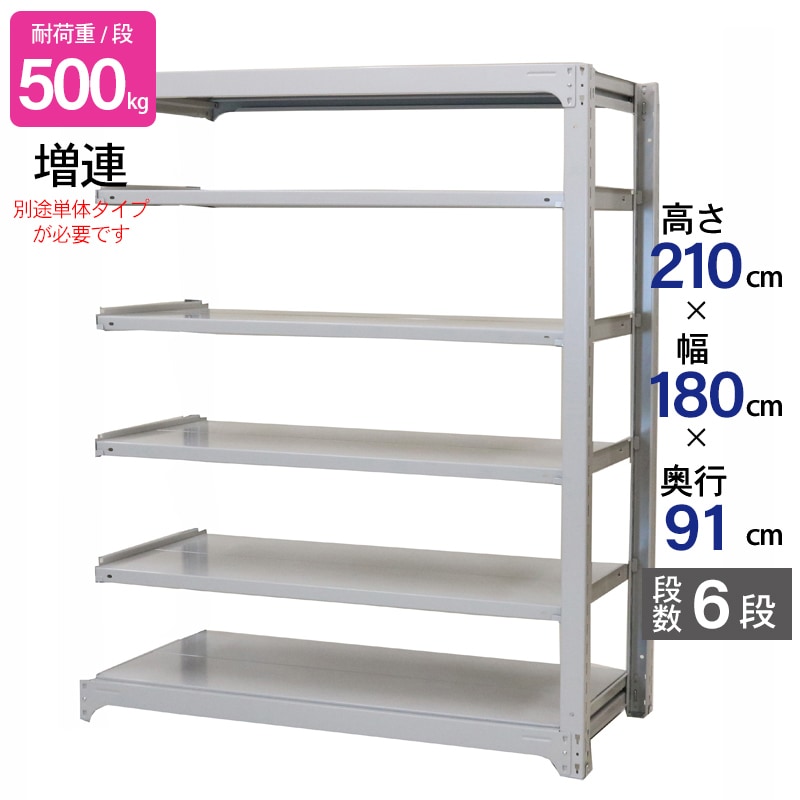 スチールラック 業務用 高さ210 幅180 奥行91cm 天地 6段 増連 中量 AMBH型 耐荷重 500kg/段 収納棚 棚 スチール棚 ラック 日本製 アサカ ホワイト グレー 大型収納 店舗 倉庫 整理棚 事務所 物品棚 バックヤード 強力 組立ラック