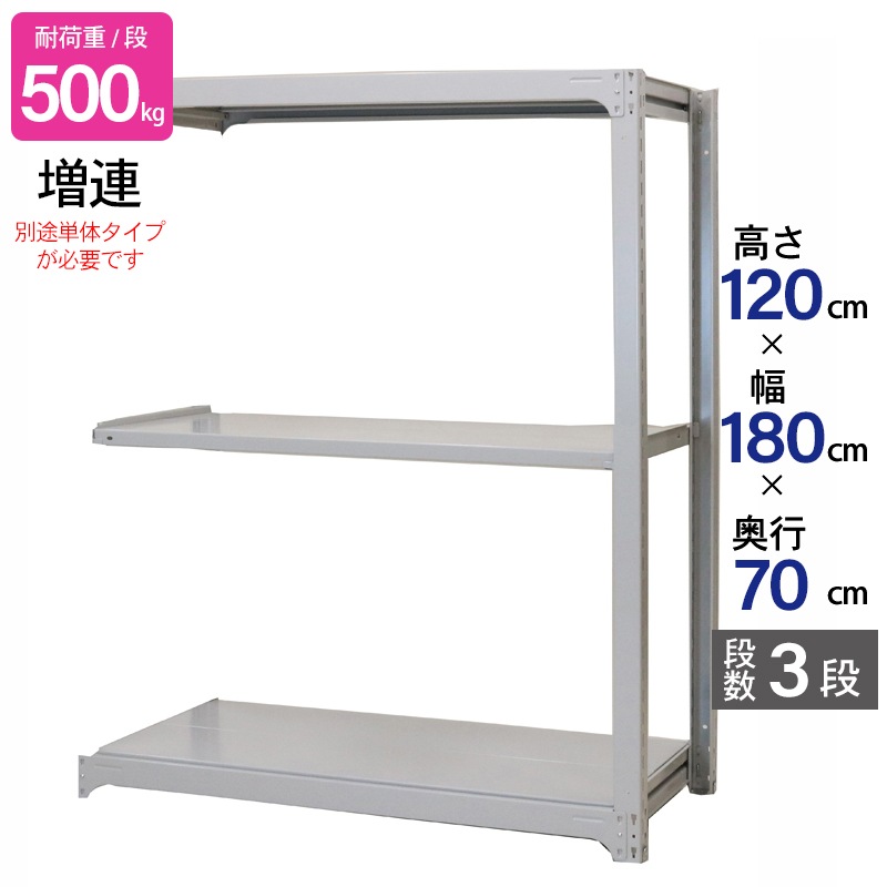 スチールラック 業務用 高さ120 幅180 奥行70cm 天地 3段 増連 中量 AMBH型 耐荷重 500kg/段 収納棚 棚 スチール棚 ラック 日本製 アサカ ホワイト グレー 大型収納 店舗 倉庫 整理棚 事務所 物品棚 バックヤード 強力 組立ラック