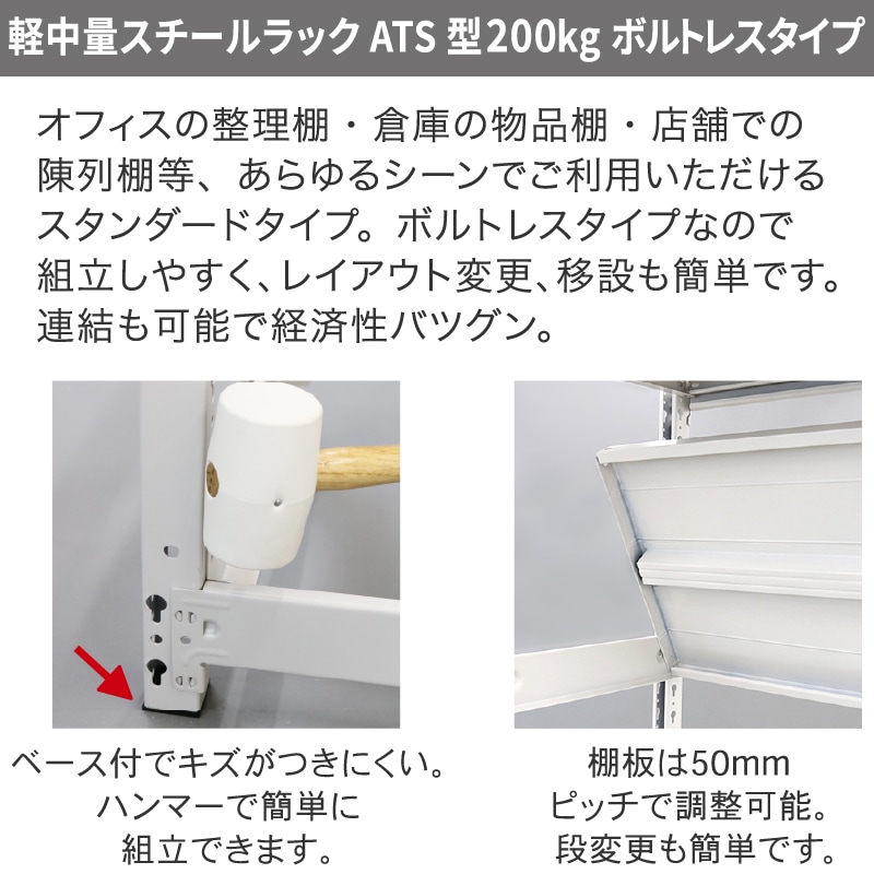 スチールラック 業務用 高さ120 幅150 奥行60cm 天地 4段 単体 軽中量 ATS型 耐荷重 200kg/段 収納棚 棚 スチール棚 ラック 日本製 アサカ ホワイト グレー 大型収納 店舗 倉庫 整理棚 事務所 物品棚 バックヤード 強力 組立ラック