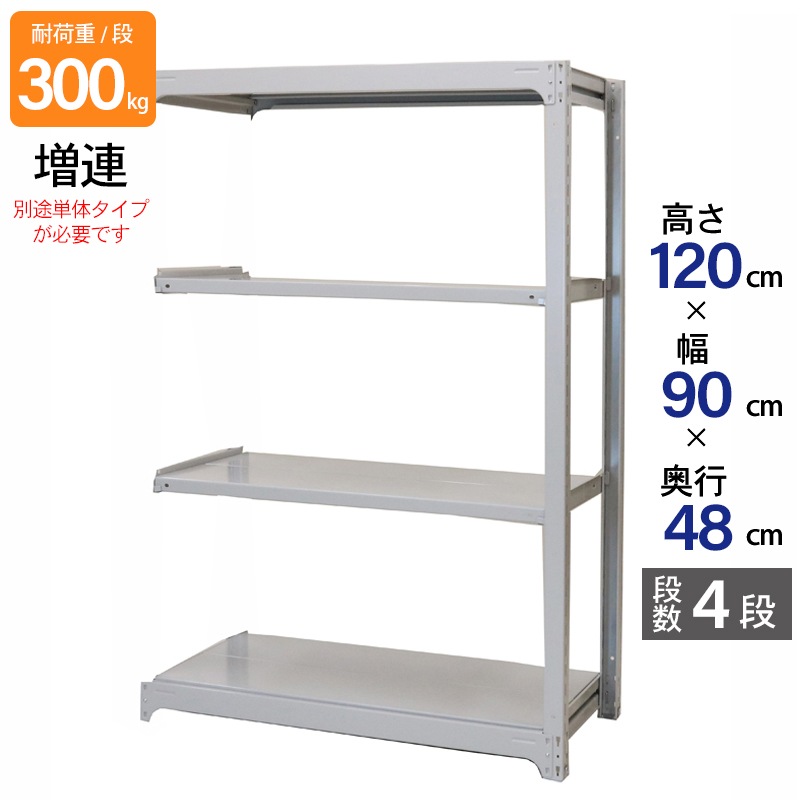 スチールラック 業務用 高さ120 幅90 奥行48cm 天地 4段 増連 中量 AMBL型 耐荷重 300kg/段 収納棚 棚 スチール棚 ラック 日本製 アサカ ホワイト グレー 大型収納 店舗 倉庫 整理棚 事務所 物品棚 バックヤード 強力 組立ラック