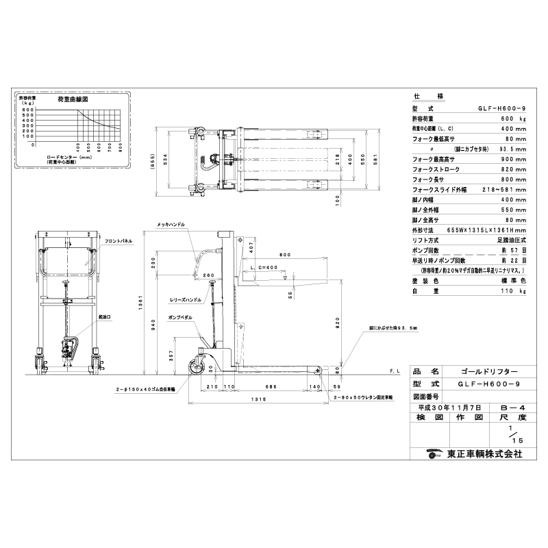 東正車輛 ゴールドリフター GLF-H600-9 マスト式フォークタイプ