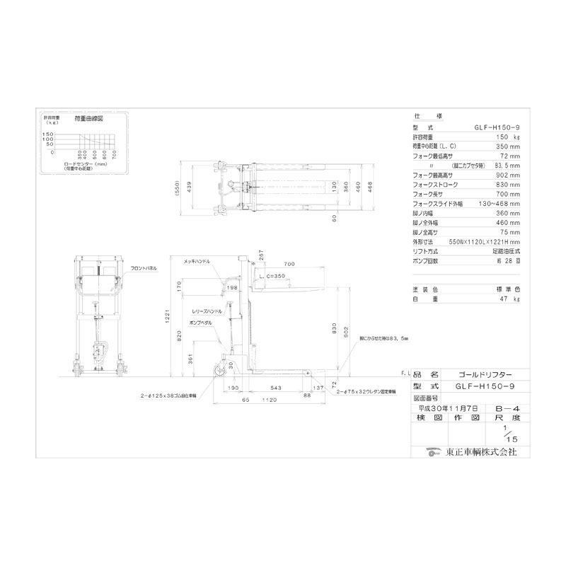 東正車輛 ゴールドリフター 油圧・脚踏式 マスト式 GLF-H150-9