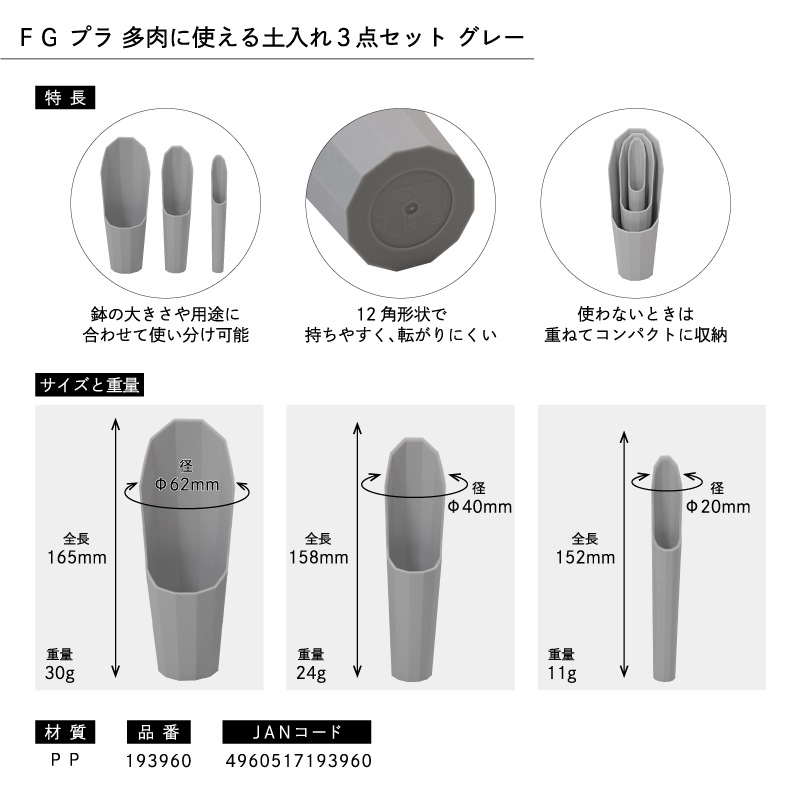 FG プラ多肉に使える土入れ3点セット グレー