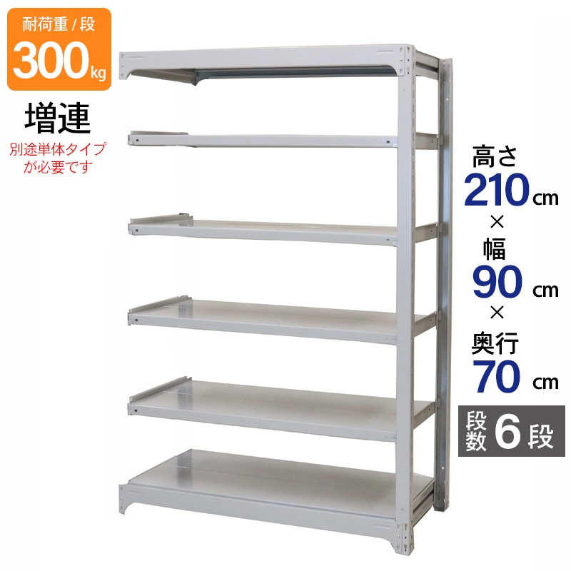 スチールラック 業務用 高さ210 幅90 奥行70cm 天地 6段 増連 中量 AMBL型 耐荷重 300kg/段 収納棚 棚 スチール棚 ラック 日本製 アサカ ホワイト グレー 大型収納 店舗 倉庫 整理棚 事務所 物品棚 バックヤード 強力 組立ラック