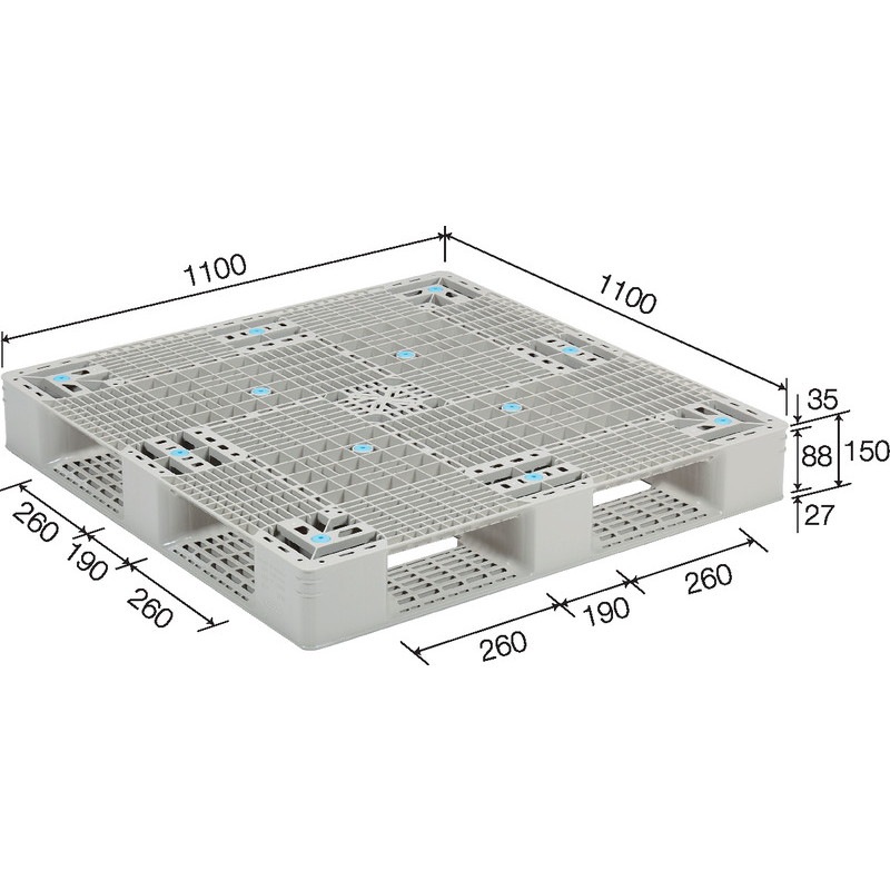 三甲 サンコー プラスチックパレット4方差し片面使用型 GT-1111D4-3 Aグレー