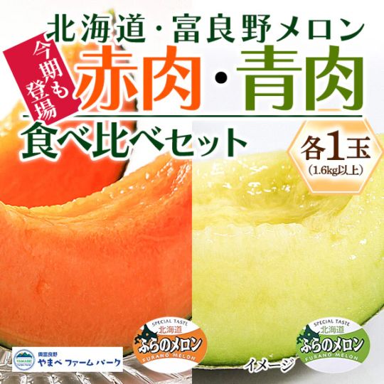 【北海道から夏の贈り物】『ふらのメロン 赤肉・青肉食べ比べセット（各1玉 1.6kg以上）」送料全国1,260円均一です！（ただし沖縄・諸島の配送不可）　＊＊＊富良野＊＊＊　予約販売（7月中旬より順次発送）　　
