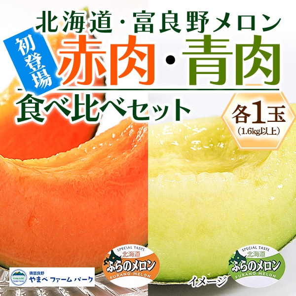 予約販売（7月中旬より順次発送）【北海道から夏の贈り物】『ふらのメロン 赤肉・青肉食べ比べセット（各1玉 1.6kg以上）』送料1,260円均一です！（沖縄・諸島の配送不可）　＊＊＊富良野市山部から直送＊＊＊