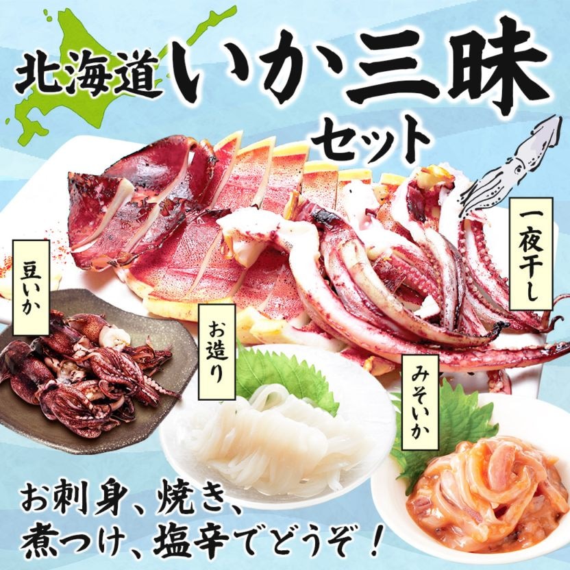 【送料込】北海道『いか三昧セット』お刺身・焼き、煮つけ、塩辛でどうぞ！