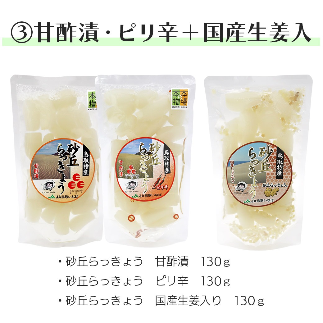 【送料込】透き通る白さ！『砂丘らっきょう』≪らっきょう漬け（甘酢漬・ピリ辛・醤油たまり漬・国産生姜入り）4種組み合わせ≫