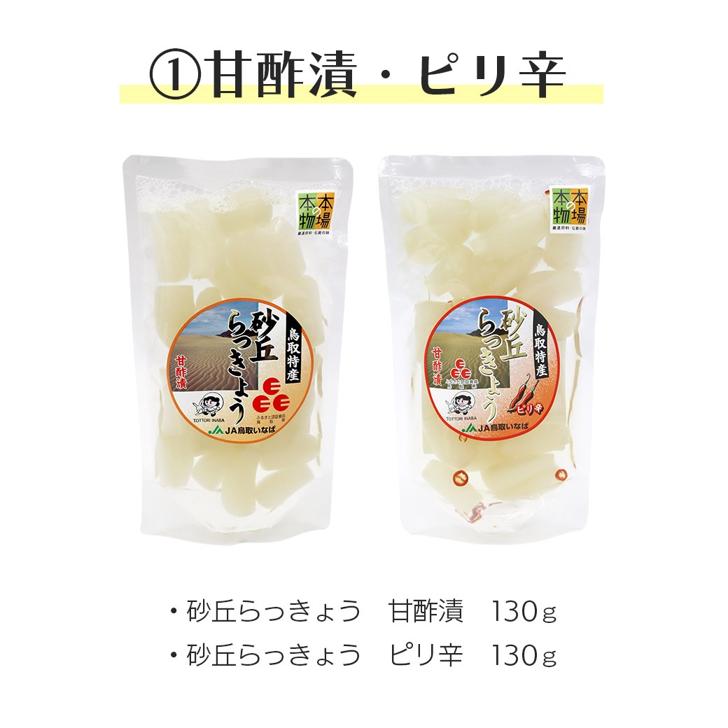 【送料込】透き通る白さ！『砂丘らっきょう』≪らっきょう漬け（甘酢漬・ピリ辛・醤油たまり漬・国産生姜入り）4種組み合わせ≫