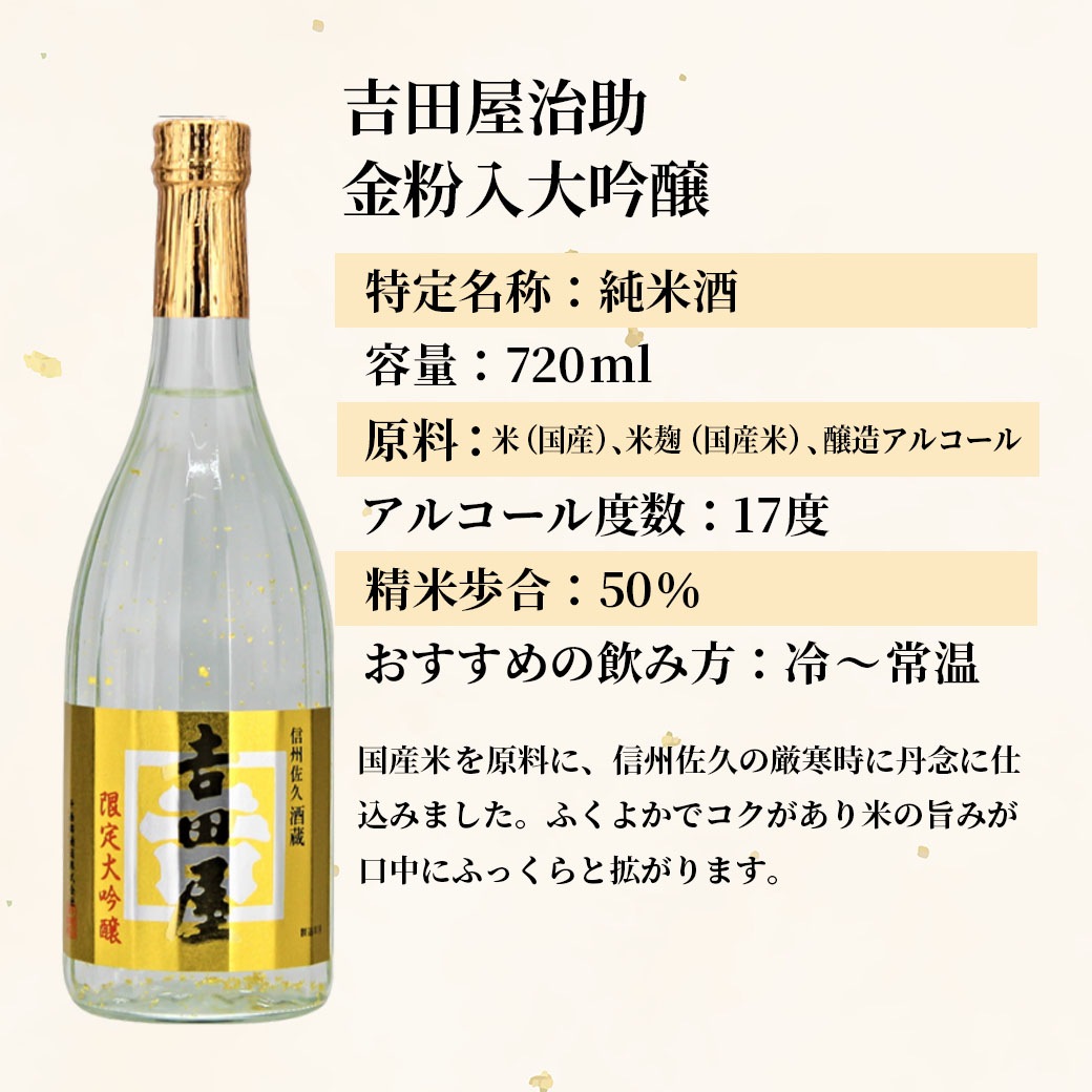 【送料込】『地酒・金の祝福セット』「吉田屋治助」金粉入大吟醸＆「千曲錦」特撰純米大吟醸 金ラベルの特別セット！≪720ml×2本≫