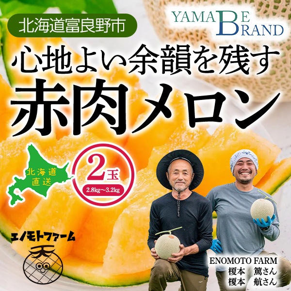 【予約販売】7月中旬より順次発送予定【送料込】北海道富良野市の山部地区からお届け【榎本農園】「こだわり農法」で作った富良野メロン　2玉で2.8㎏～3.2㎏