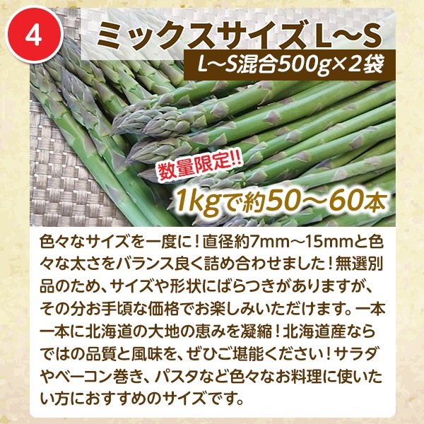 希少サイズあり！北海道アスパラ【ほりぐち農園から直送！みずみずしい朝採り収穫！】《1ｋｇセット》①3L・2Lサイズ（太さ500円玉サイズ）4,000円、②2L・Lサイズ（太さ100円玉サイズ）3,700円、③L・Mサイズ3,200円、④L～Sサイズの無選別品3,000円　※送料全国一律1,400円（離島・諸島はお届けできません）