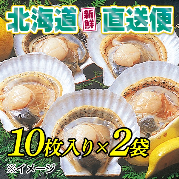 【北海道新鮮直送便】（送料はまとめ買いがお得！）貝付き浜ほたて（片貝付1袋10枚入×2袋）