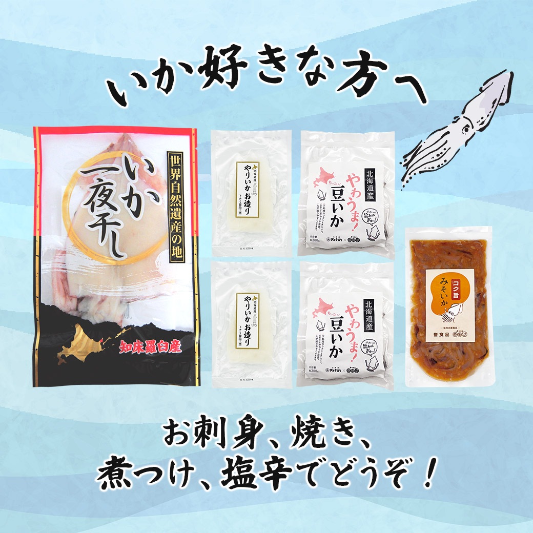 【送料込】北海道『いか三昧セット』お刺身・焼き、煮つけ、塩辛でどうぞ！