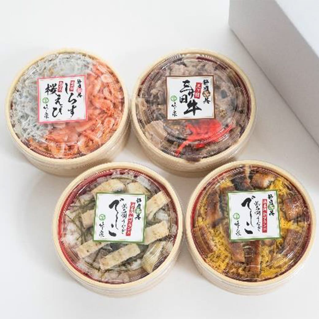【送料込】『静岡祭り丼4色セット』浜名湖の誇り「でしこ鰻」を使用！（①鰻蒲焼まぶし丼、②鰻白焼まぶし丼、③桜エビとしらすの二色丼、④三ケ日牛丼）