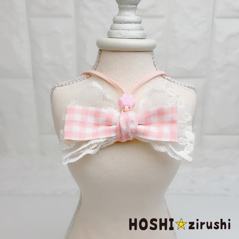 レースとギンガムリボンのペンダント【20個入り】 Pet choker Dog
