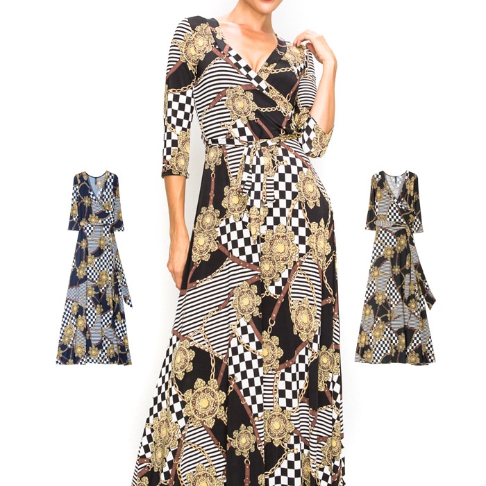 七分袖チェーン柄カシュクールマキシワンピース【LA直輸入★インポート】-ls-jf-op281