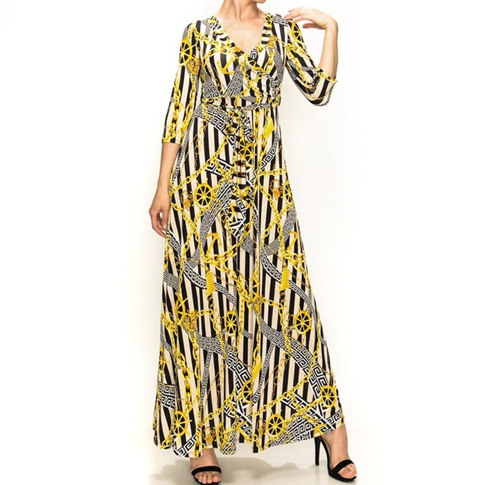 七分袖チェーン柄カシュクールマキシワンピース【LA直輸入★インポート】-ls-jf-op282