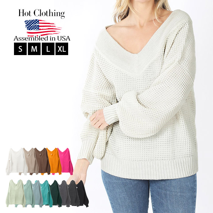 ワッフル編みバルーン袖ニットプルオーバー ドロップショルダー　セーター【LA直輸入★インポート】-la-zn-tp035