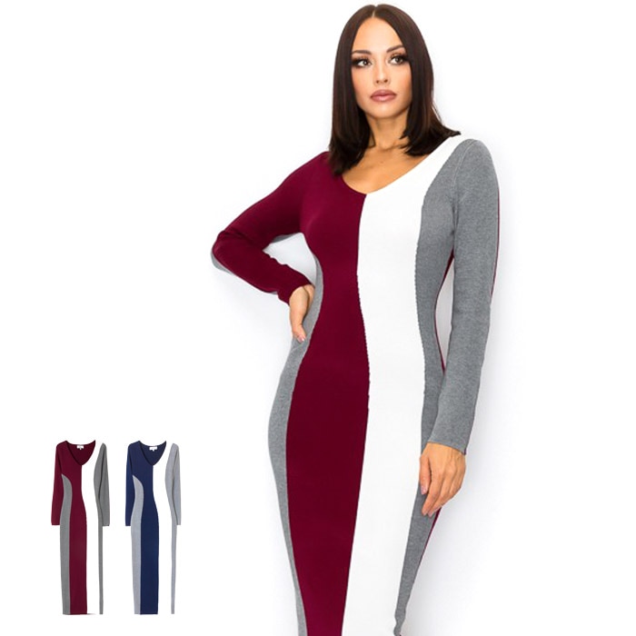 Vネック長袖ストライプニットワンピース【LA直輸入★インポート】-la-mga-op404