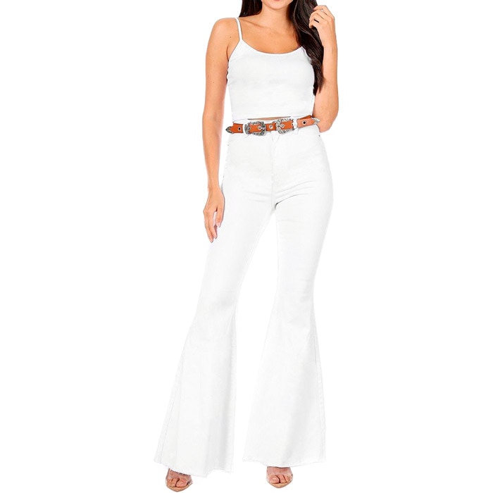 HAMMER JEANS Los Angeles スーパーフレアホワイトジーンズ ベルボトム ハイウエスト ストレッチ カットオフデニム フリンジ High rise style with fake front pockets and functional back pockets.【LA★インポート】 -la-hmc-pt182