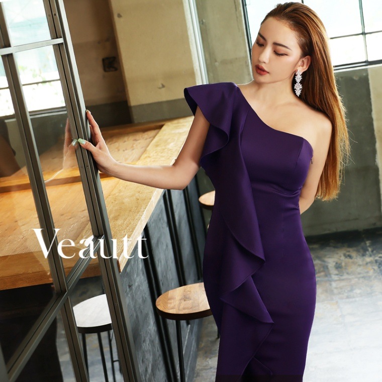 Veautt(ヴュート)  フリル アシンメトリー ワンショルダー タイト ミディアムドレス VT07222 (by エンジェルアール)
