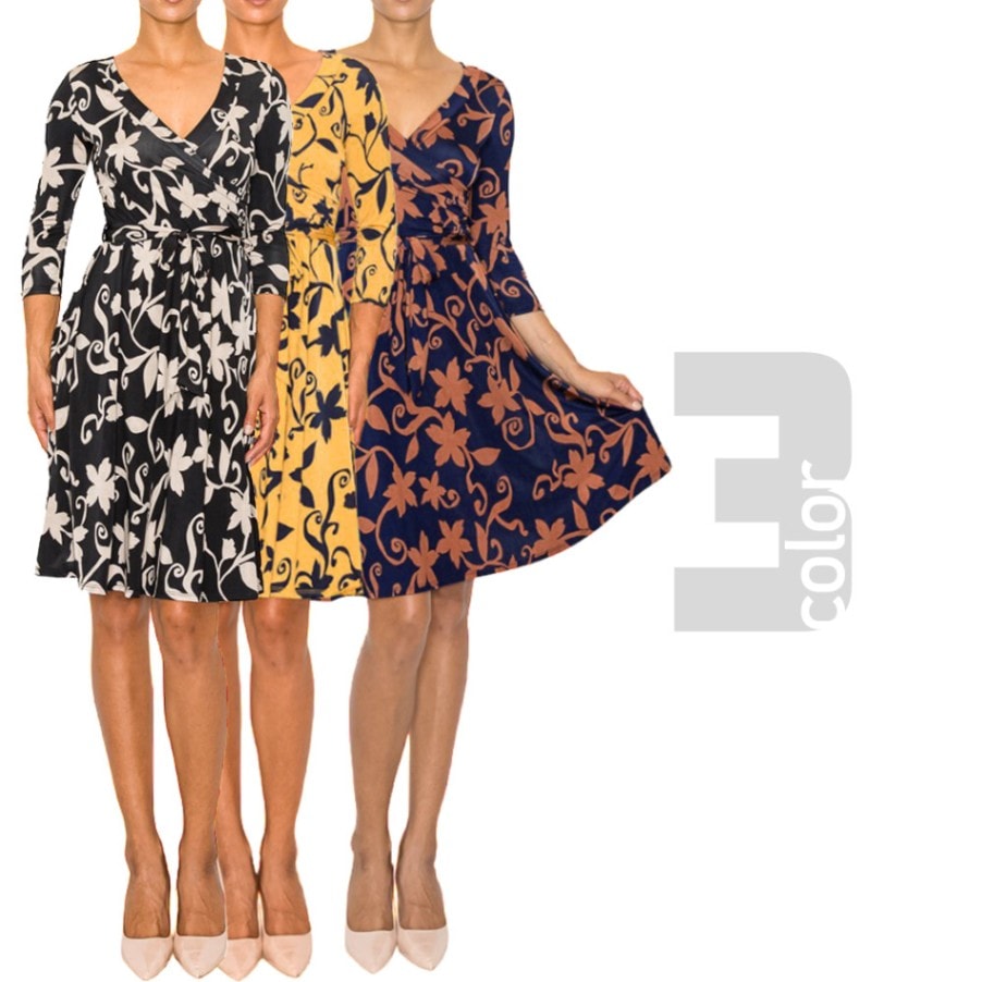 Vネック 花柄 七分袖 ラップワンピース カシュクールワンピース ラップドレス【LA★インポート】-la-jf-op427