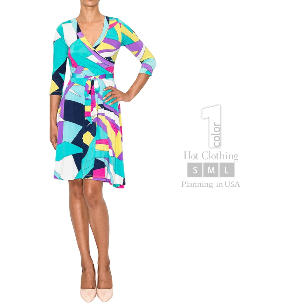 Vネック MIX柄 ジオメトリック柄 幾何学柄 総柄 七分袖カシュクールプリント Janette ワンピース【LA★インポート】-la-jf-op429