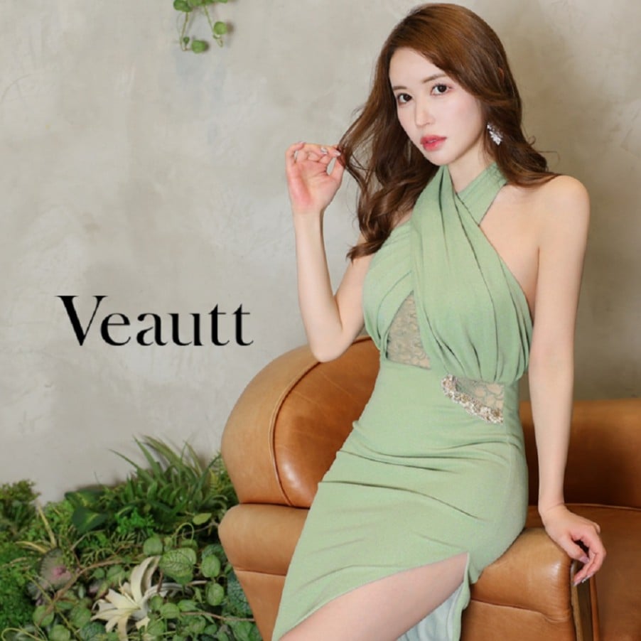 Veautt(ヴュート) クロスホルターネック 膝丈 ドレス レース パール