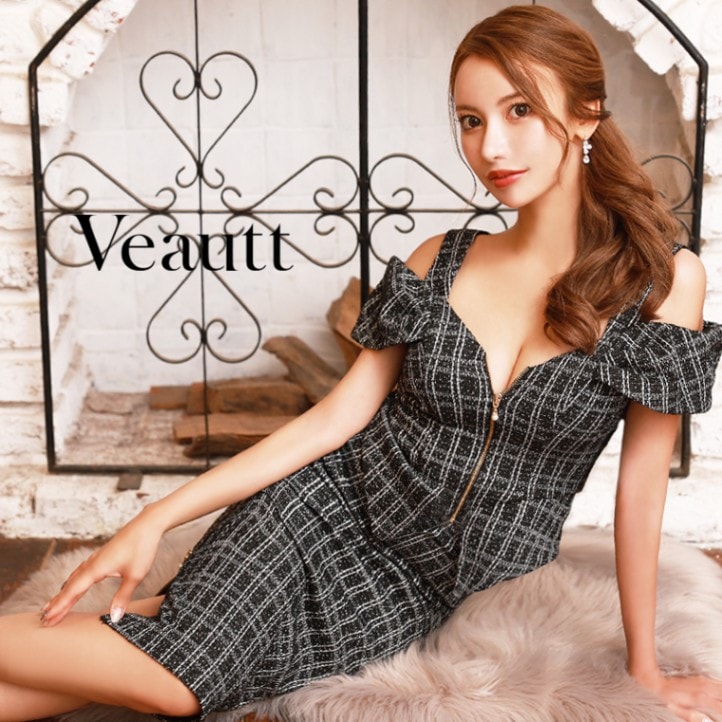 Veautt(ヴュート) オープンショルダー2ピースタイトドレス　/フロント/ファスナー/チェック/セパレート/タイト/ミディアム/ドレス VT19238 (by エンジェルアール/AngelR)