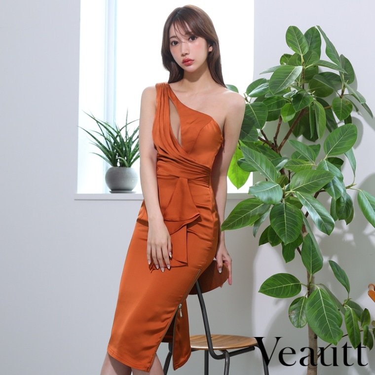 再入荷 Veautt(ヴュート)フェミニンフリル ワンショルダーミディドレス｜タイトフィット＆ドレープデザイン｜バストカットアクセント VT022413 (by エンジェルアール/AngelR)