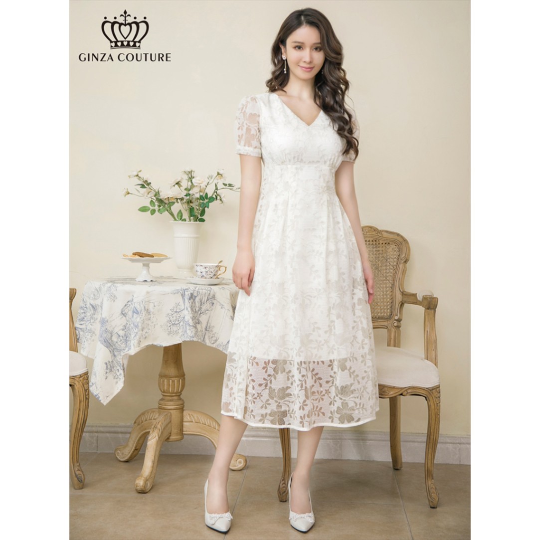 24006＊GINZA COUTURE＊フェミニン総レースミディアムドレスwhM 24006＊GINZA COUTURE＊フェミニン総レースミディアムドレスwhM