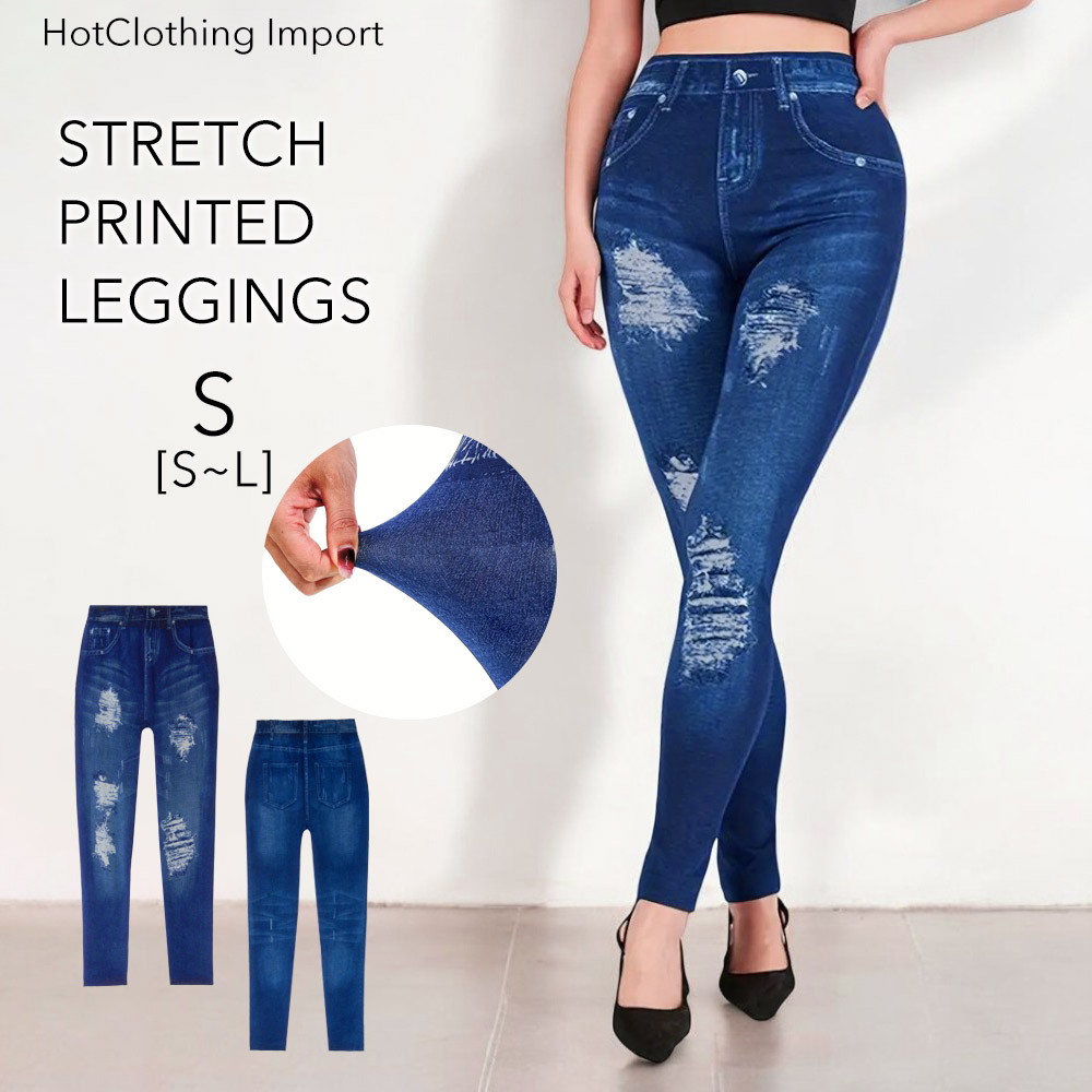[HotClothing Import] イミテーション ダメージプリント デニムプリント レギンス パンツ スキニーパンツ ジェギンス スパッツ スリムパンツ スーパーストレッチ カジュアルパンツ S M L 大きいサイズ [即日発送] cpt-25003