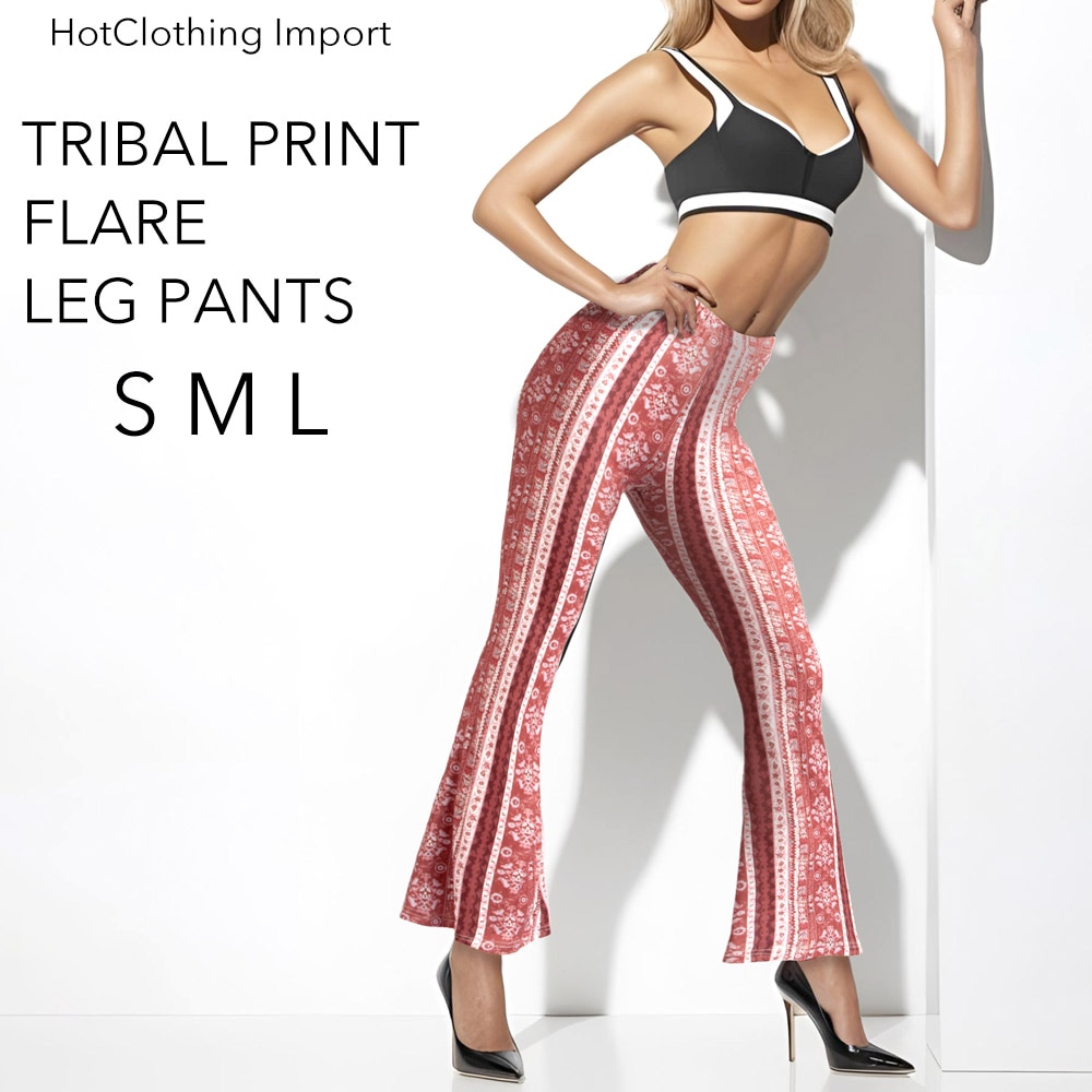 [HotClothing Import] トライバル柄 ハイウエスト ベルボトム パンツ プリント ピーチスキン ビンテージ レディース レディースボトムス ストライプ柄 ウエストゴム インポート 大きいサイズ S M L クール ダンス ダンサーパンツ ヨガ フィットネス 派手 cpt-25007