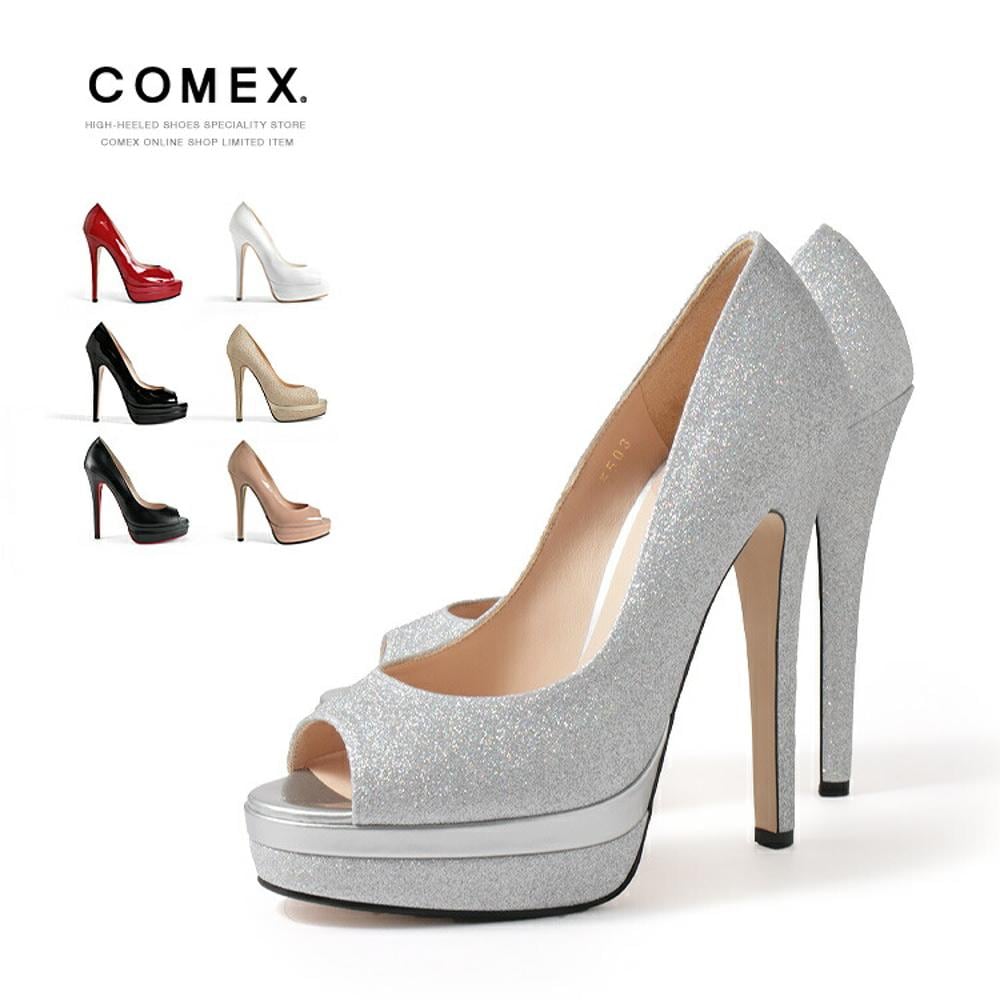 COMEX コメックス 日本製 本革 オープントゥ ピンヒール パンプス 14cmヒール 3cmダブルストーム ハイヒール 結婚式 キャバ パーティー 靴 p-co-5503